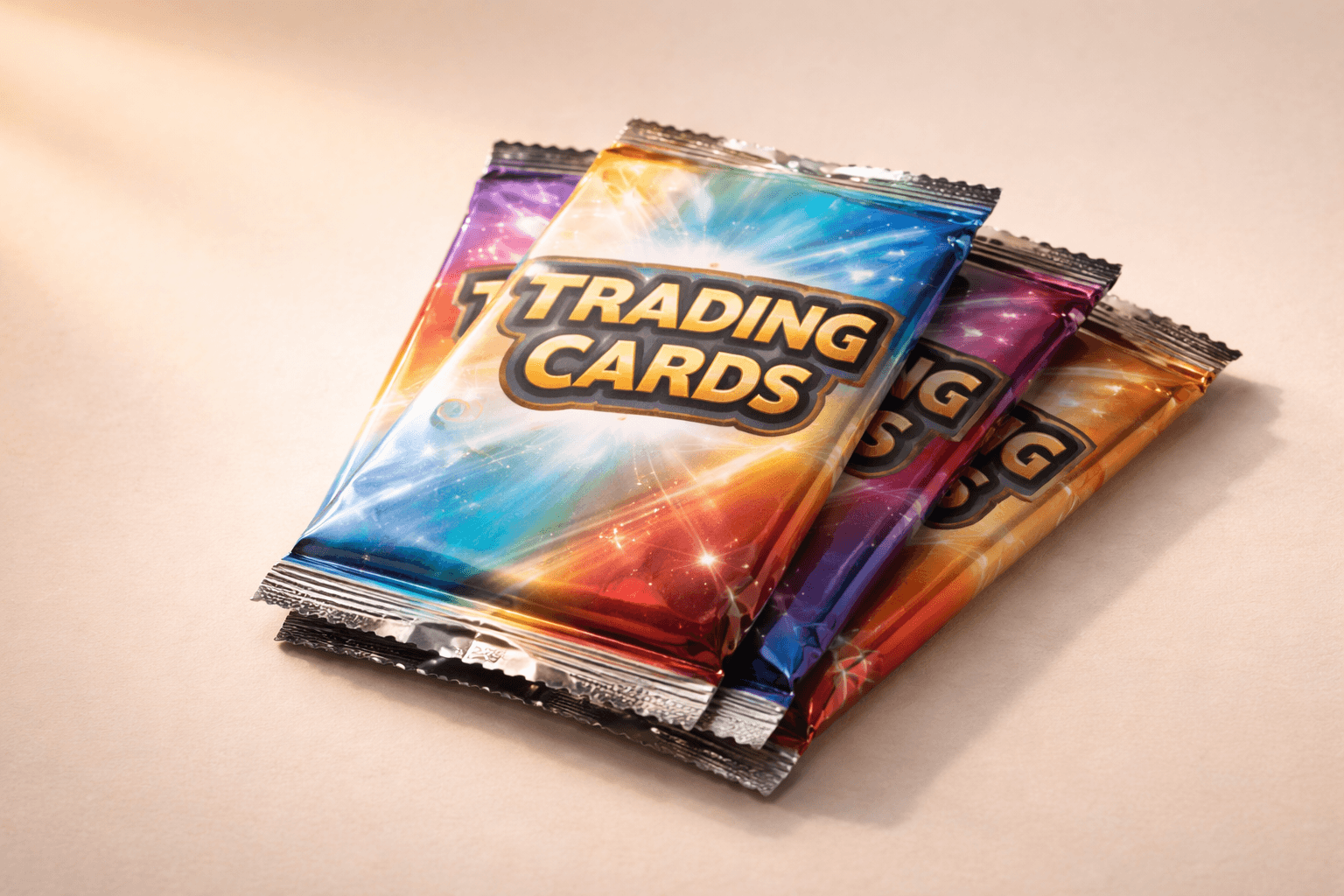 Holographic trading card packs fanned out on a warm neutral background